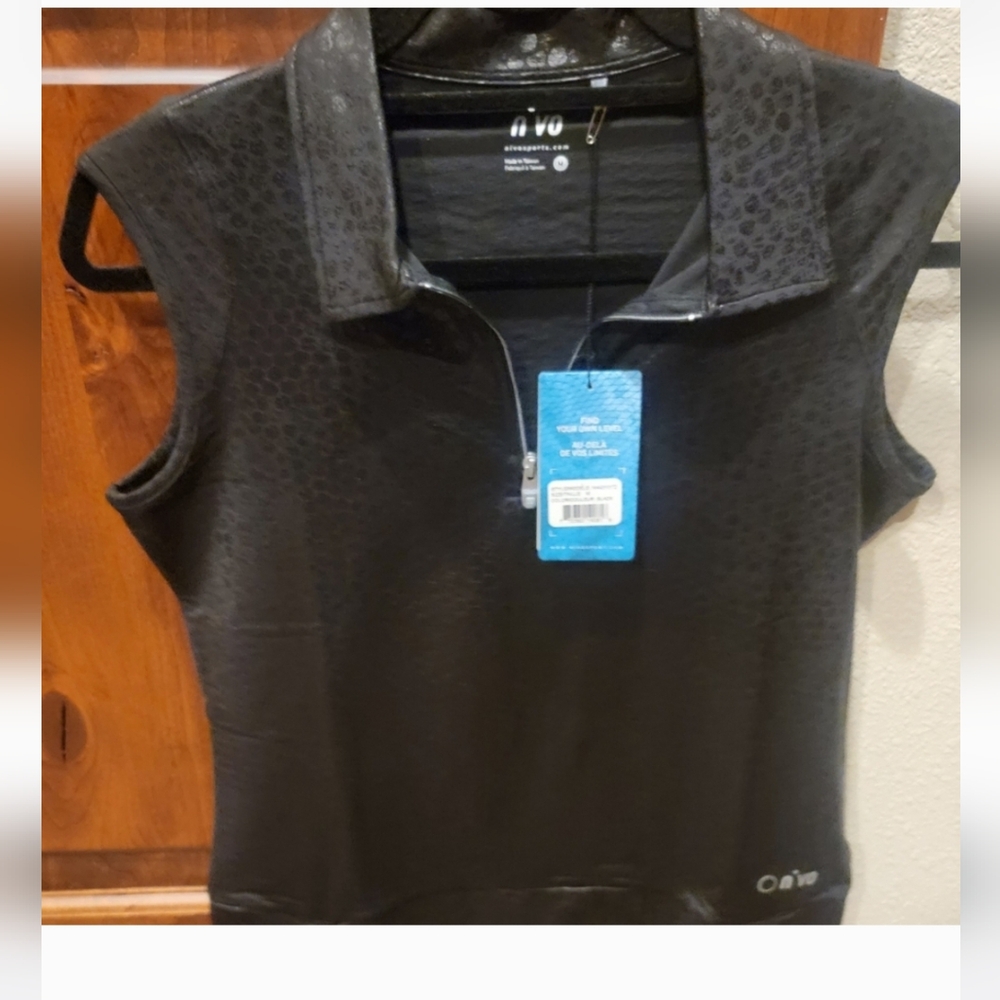 NWT! Nivo 1/4 Zip Sleeveless Polo Shirt Top. Stylish Black Pebble Print. Medium